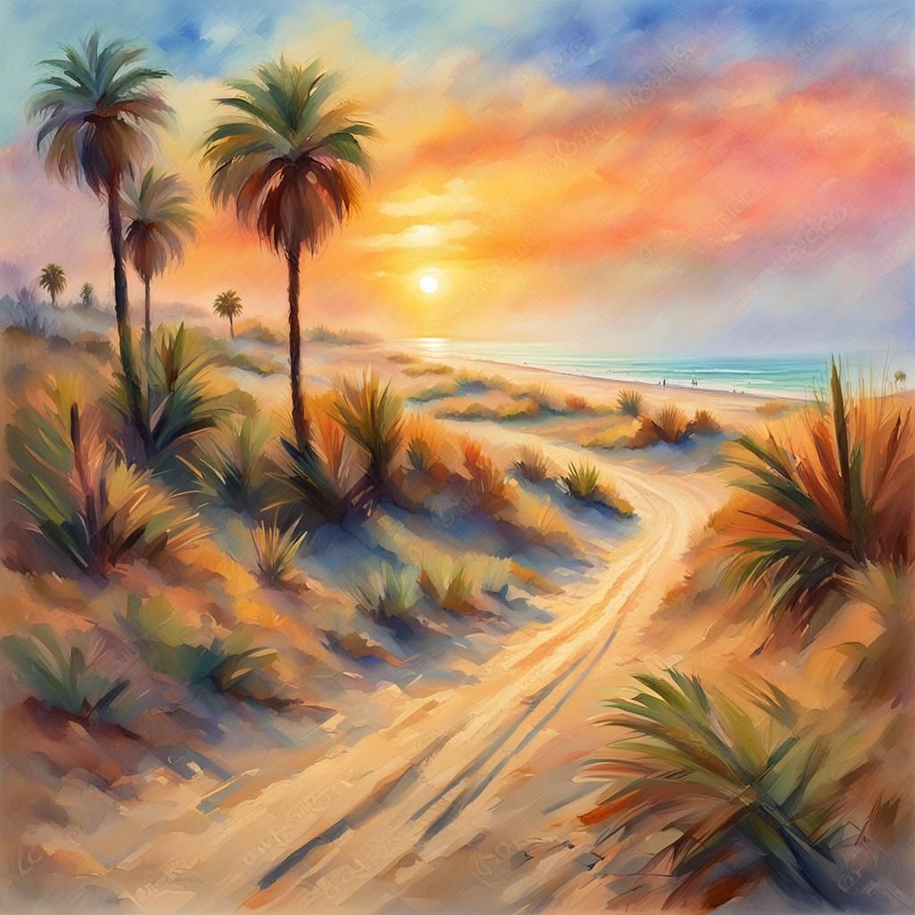 Foggy Beach Road at Sunset in Gouache Style