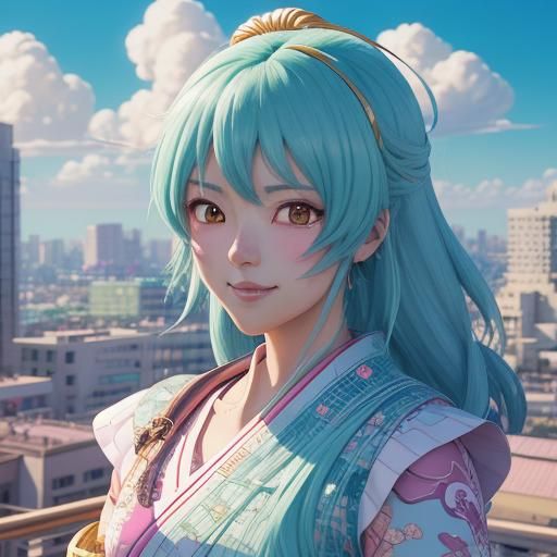 Anime Cartoon Character in Whimsical Cityscape