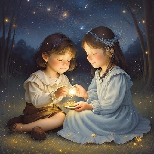 Children Embrace Under Starry Sky, Romantic Painting