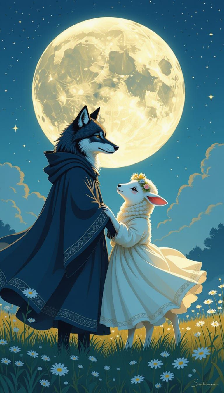 Wolf and Lamb Dance Under Full Moon in Whimsical Style