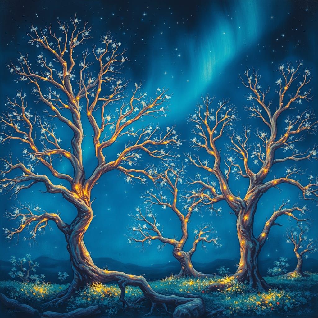 Dreamlike Trees Radiate Ethereal Glow Under Starry Night