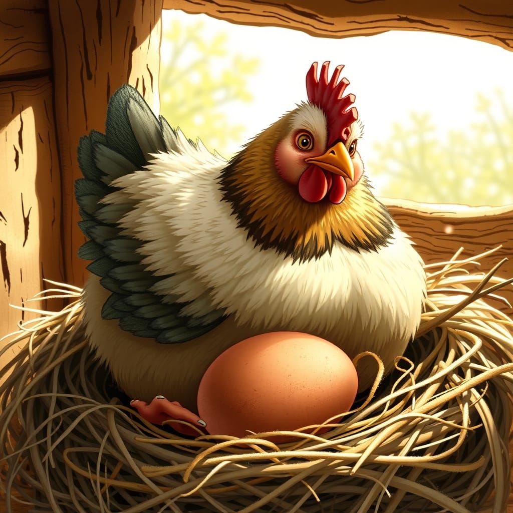 Hen Laying Egg in Illustrative Style