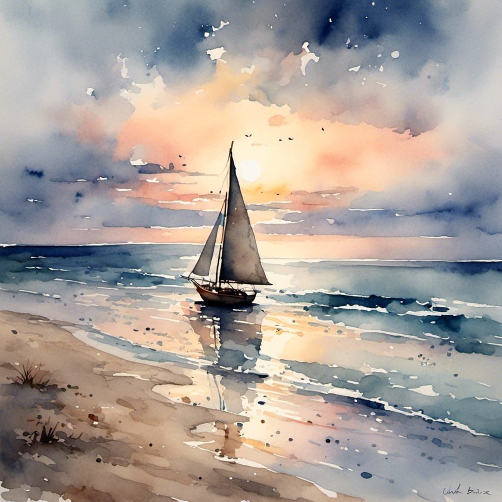 Antique Watercolor Sailboat on Calm Sea at Dusk