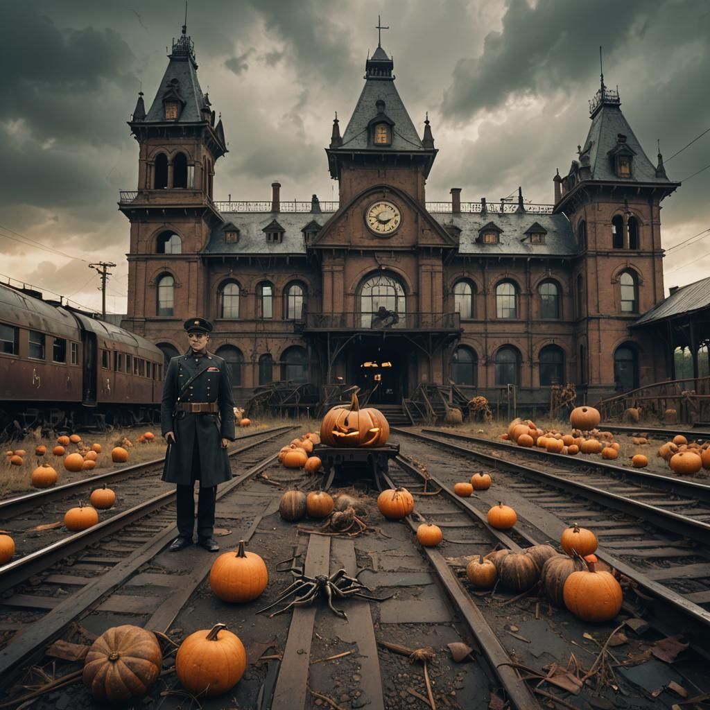 Gothic Train Station with Skeletons in Vintage Horror Style