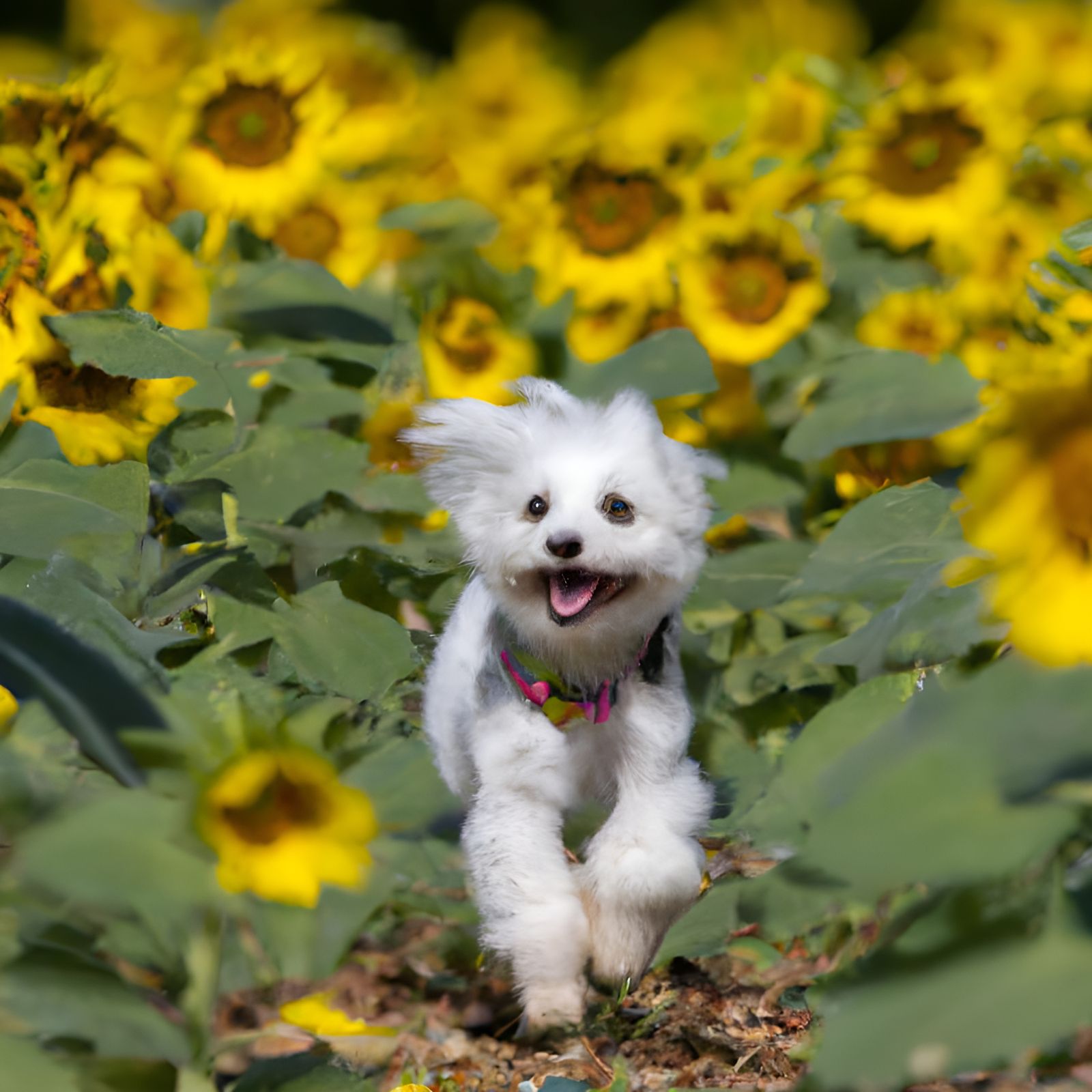 Maltese Puppy Runs Through Sunflower Field