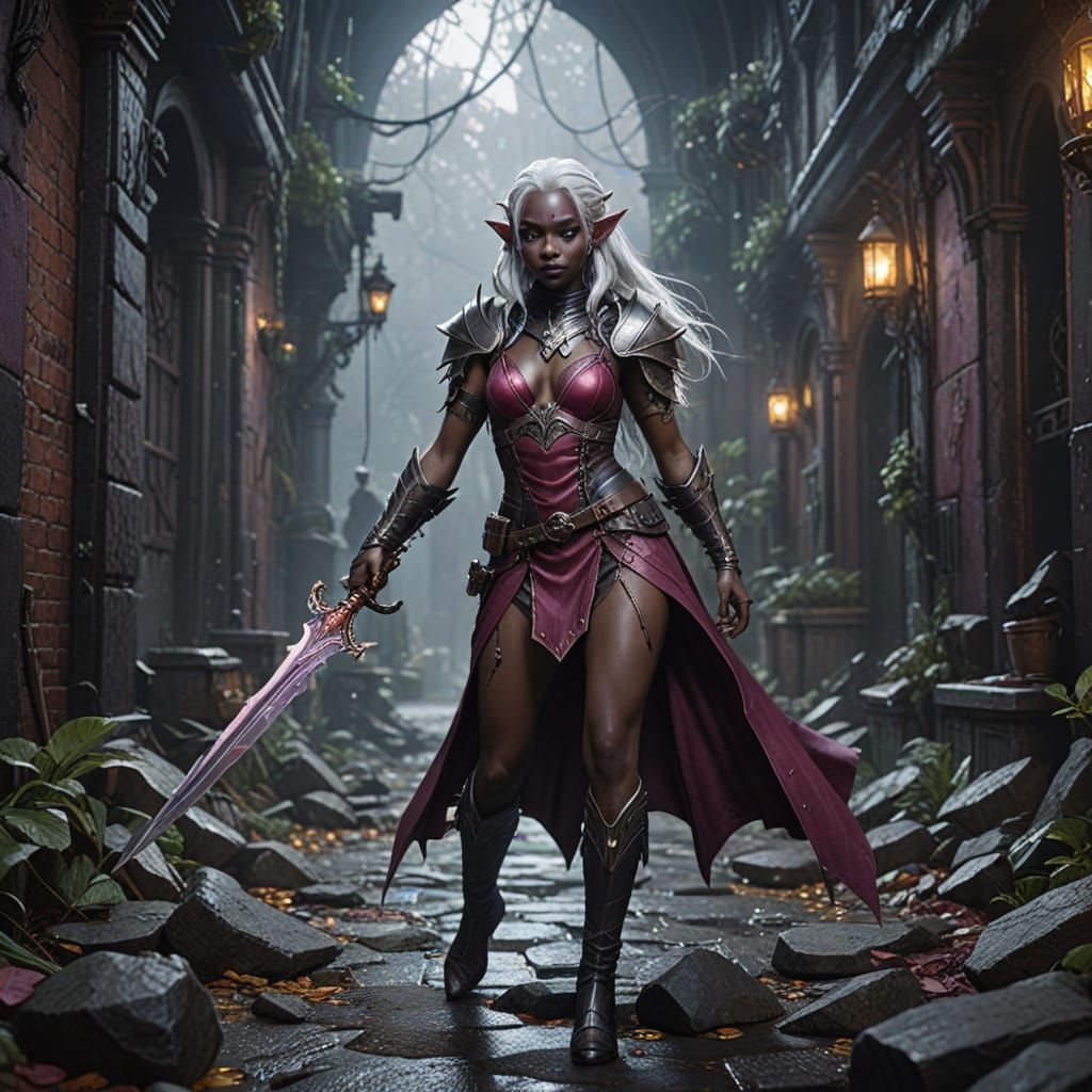 Drow Elf Lost in Evil City with Dagger, Dark Fantasy Art