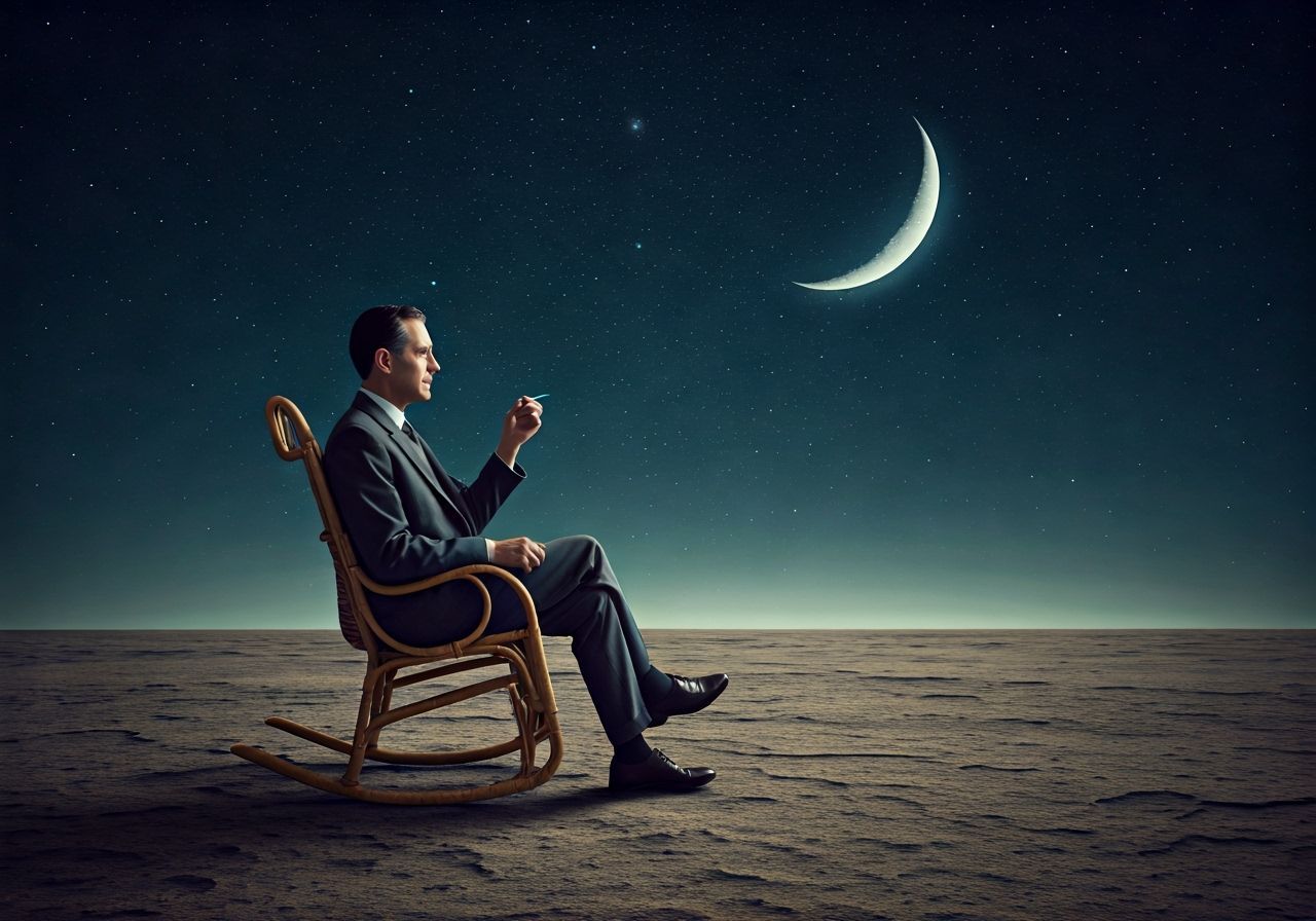 Mid-Century Man Gazing at Moon in Surreal Landscape