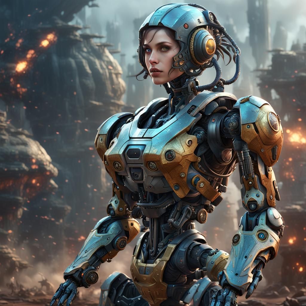 Detailed Robotic Military Woman in Fantasy Art Style