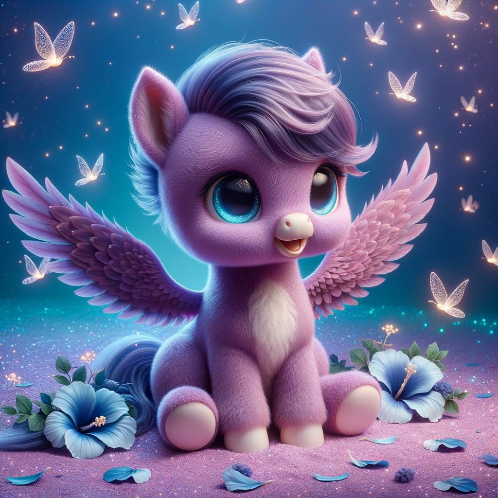 Adorable Mauve Baby Pegasus on a Sparkling Beach