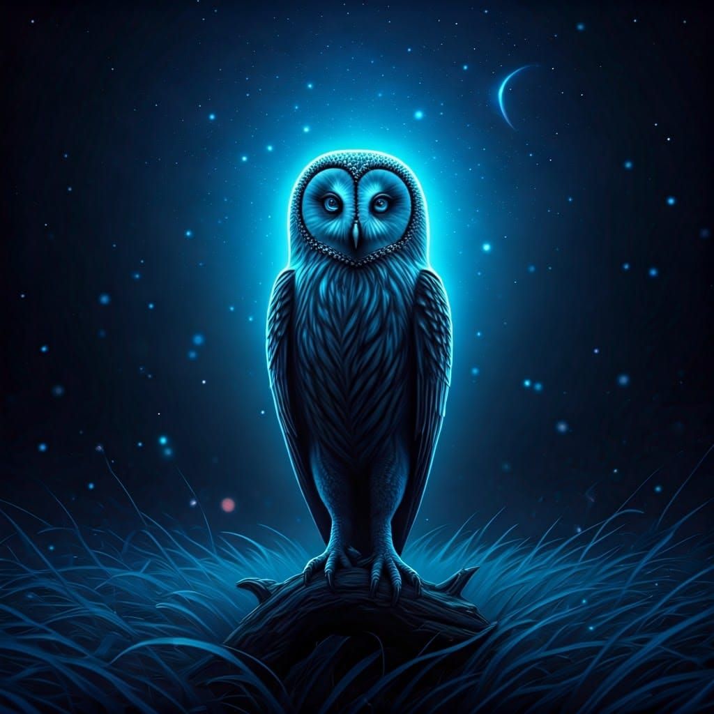 Theoretical Image Perfection Owl branch magical Blue Moonlit...