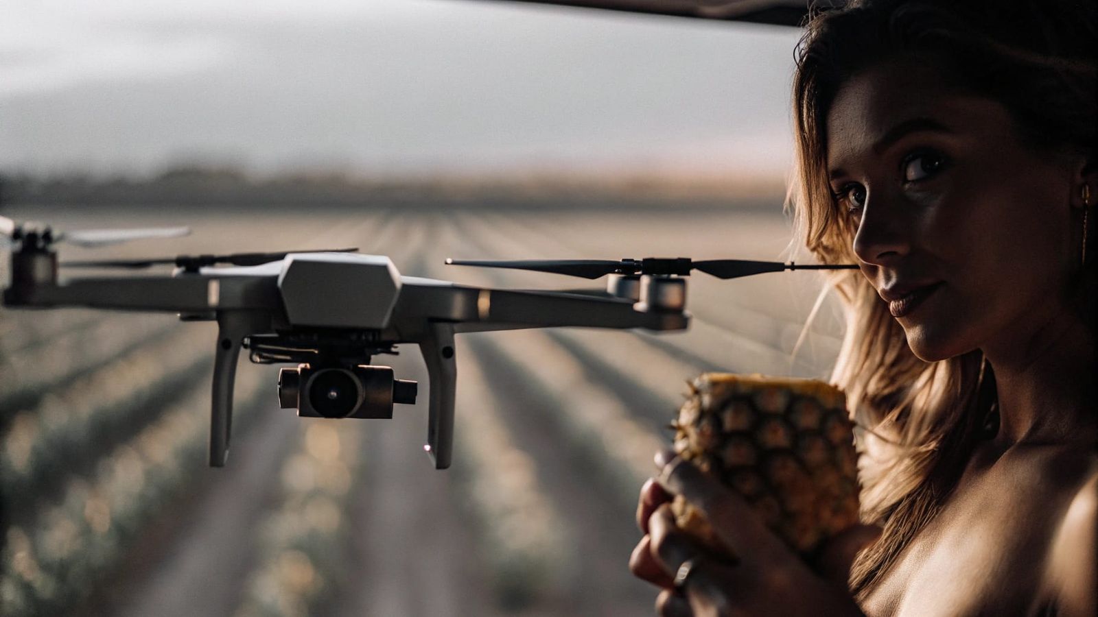 Mysterious Influencer with Pineapple Slice in Cinematic Farm