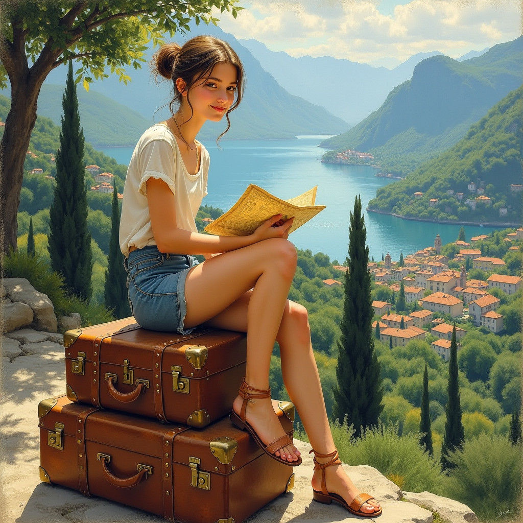 Girl on Suitcases in Italian Landscape Painting