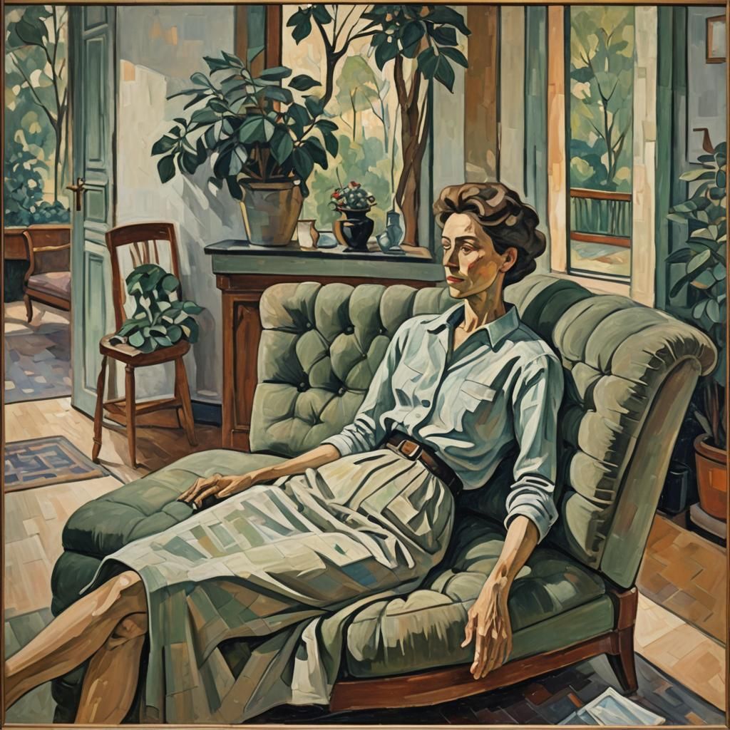 Cubist Woman on Sofa in Earthy Tones