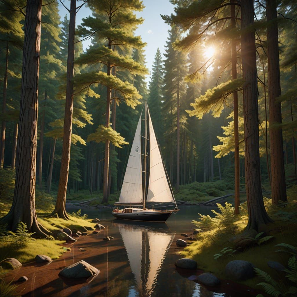 Serenely Anchored Sailboat in a Lush Forest
