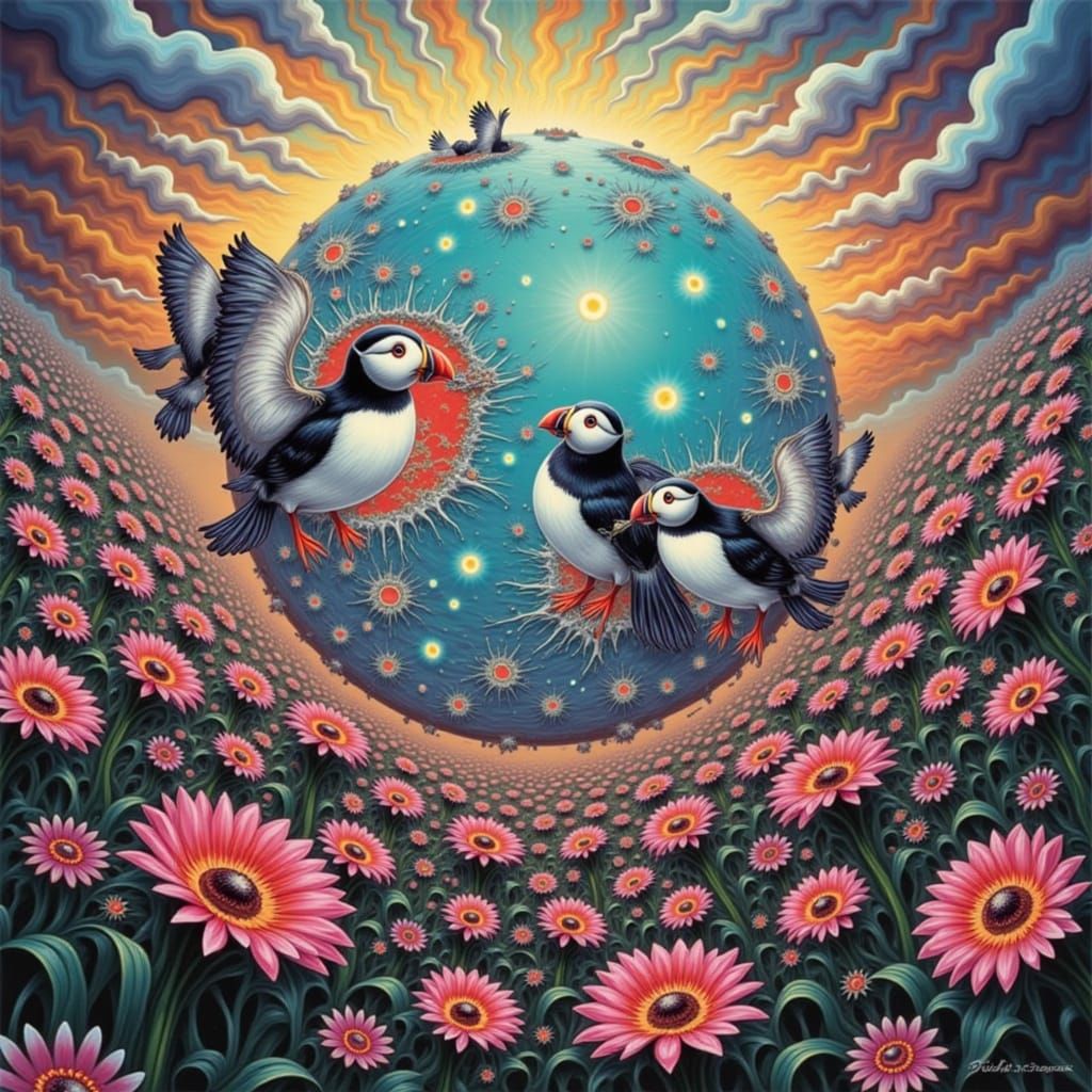 Psychedelic Puffin Birds Exploding from Earth