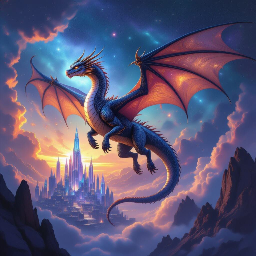 Majestic Dragon Soars Through Nebula Above Crystal City