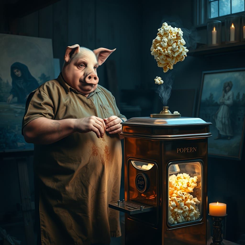 Popcorn Pig-Man Creates Ethereal Popcorn Woman