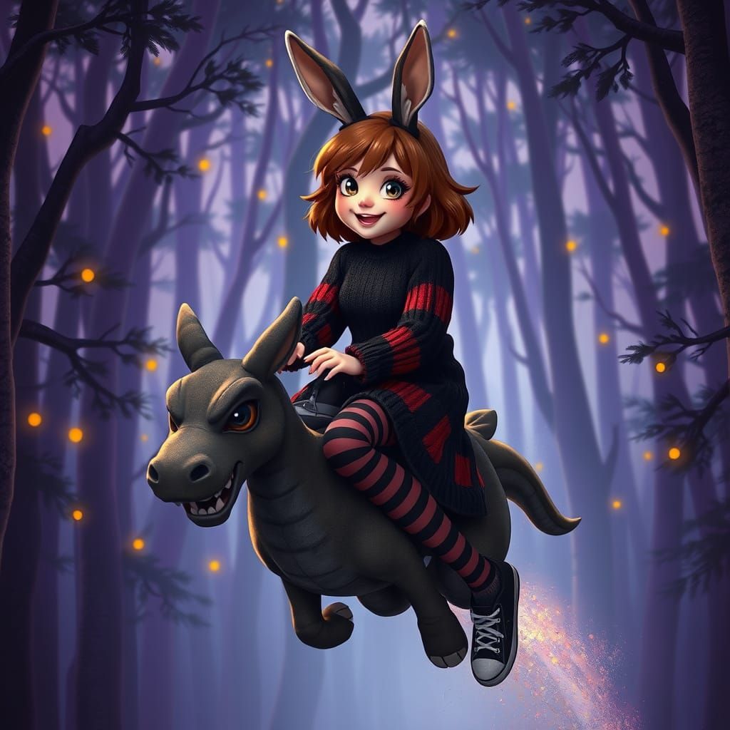 Woman Rides Jabberwocky in Dark Fantasy Scene