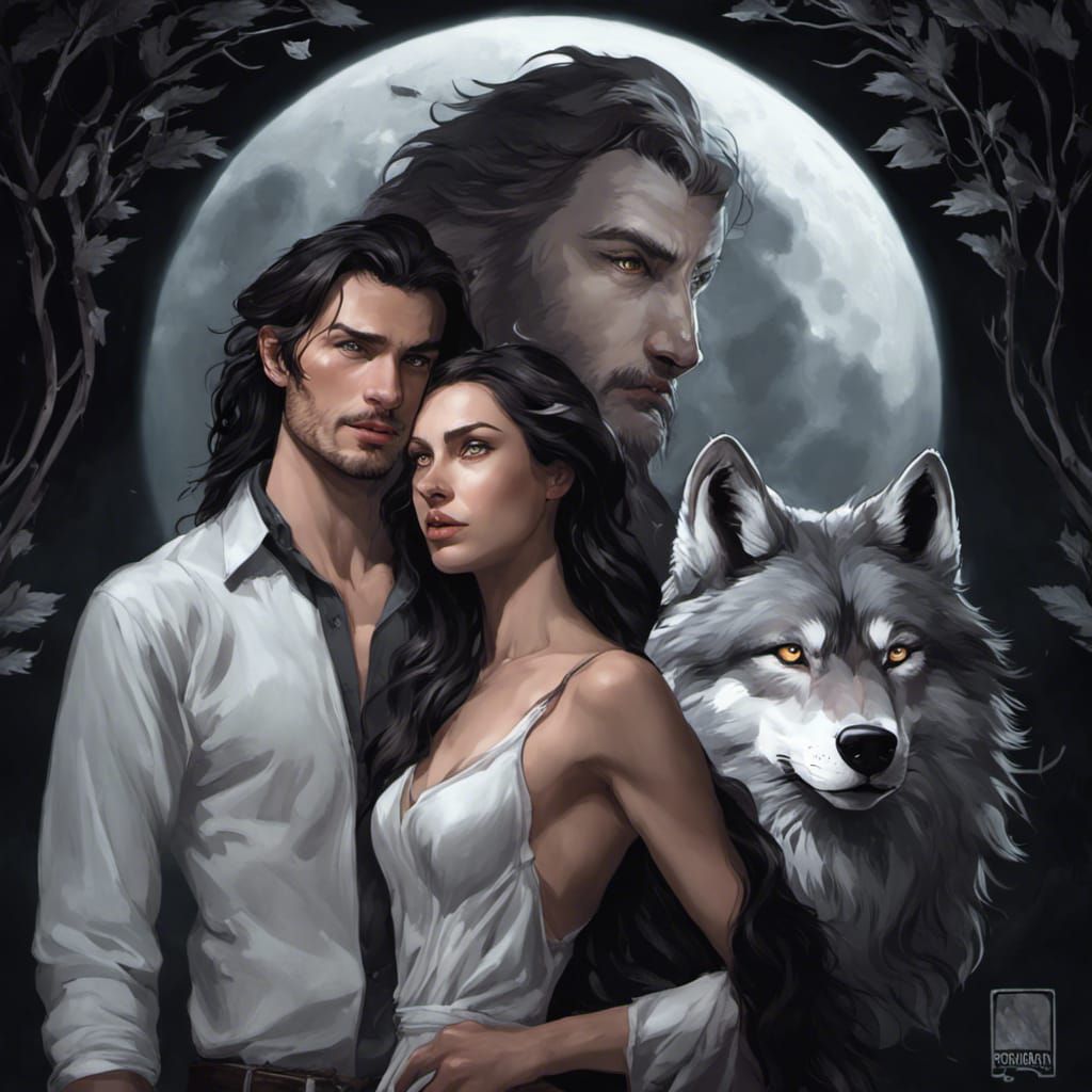 Romantic Moonlight Encounter with Wolves: Detailed Portrait