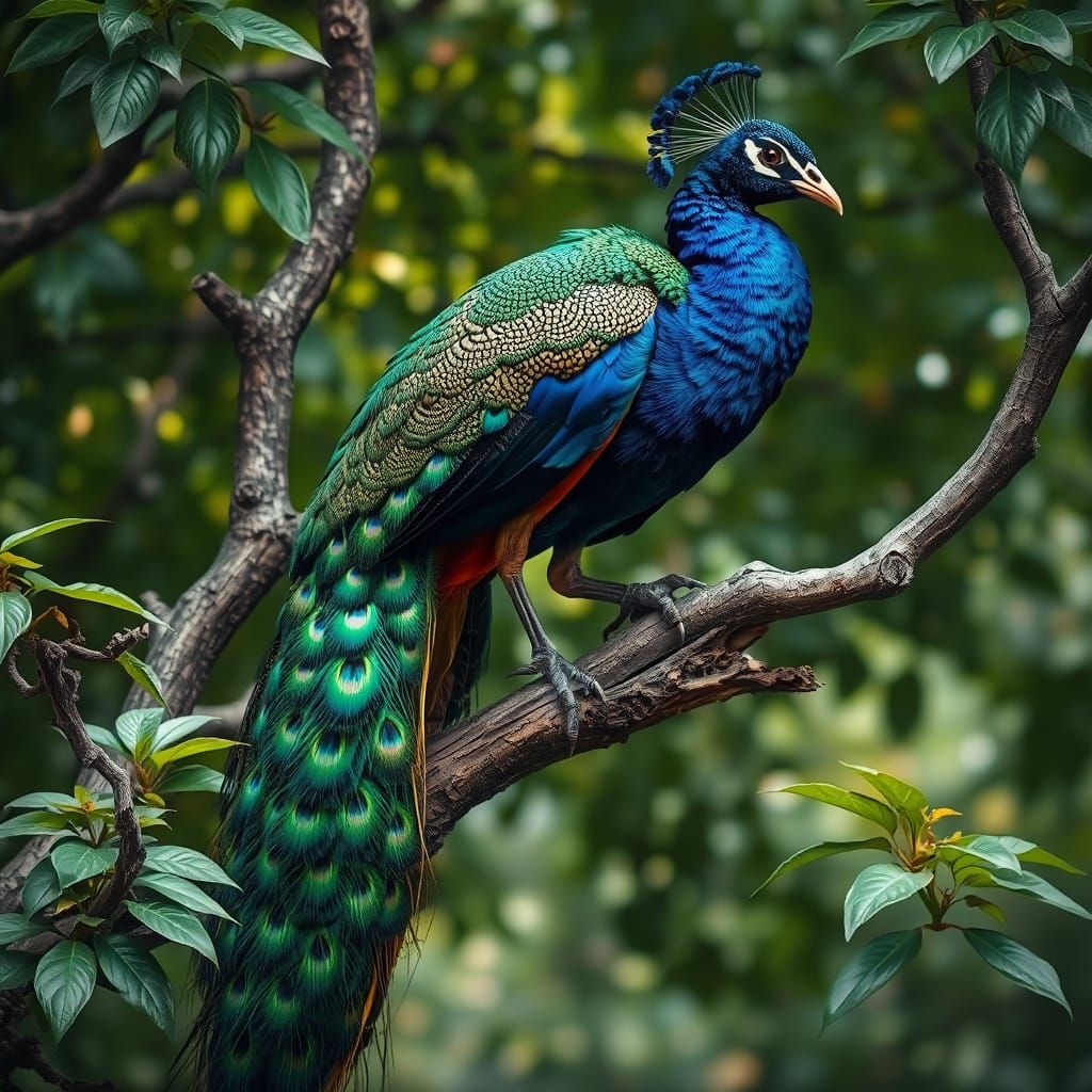 Ethereal Peacock Perched on Gnarled Tree Branch in Futuristi...
