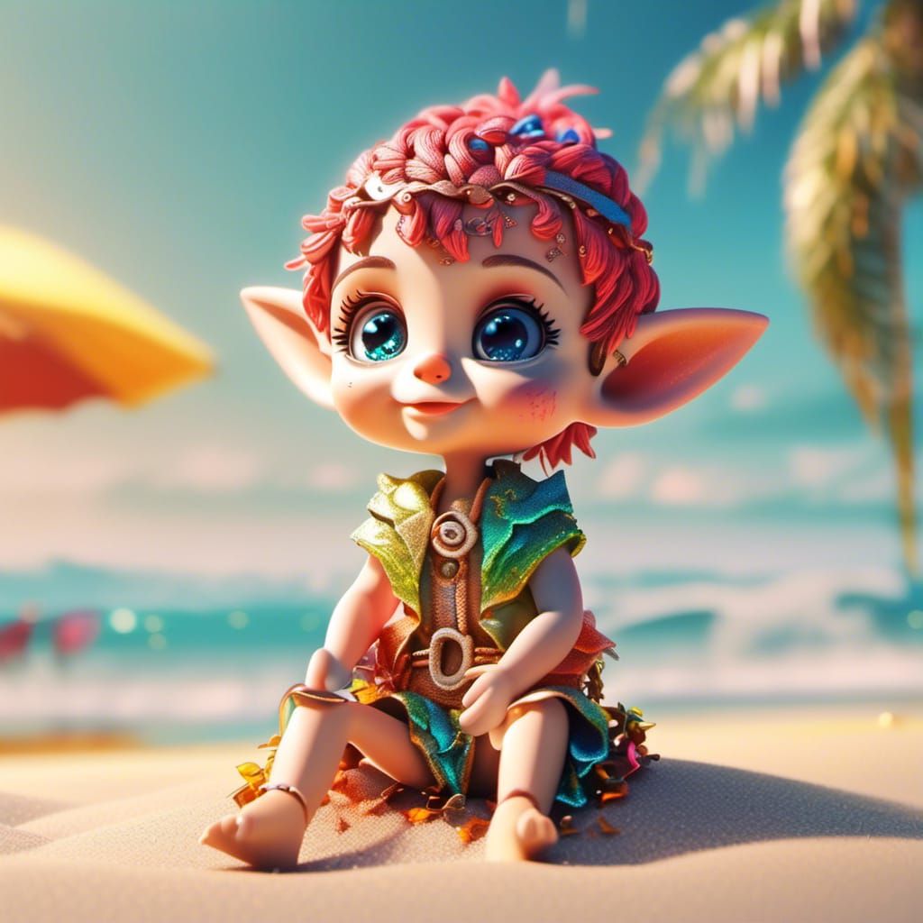 Toy Elf Sunbathing on Beach in Pixar Style