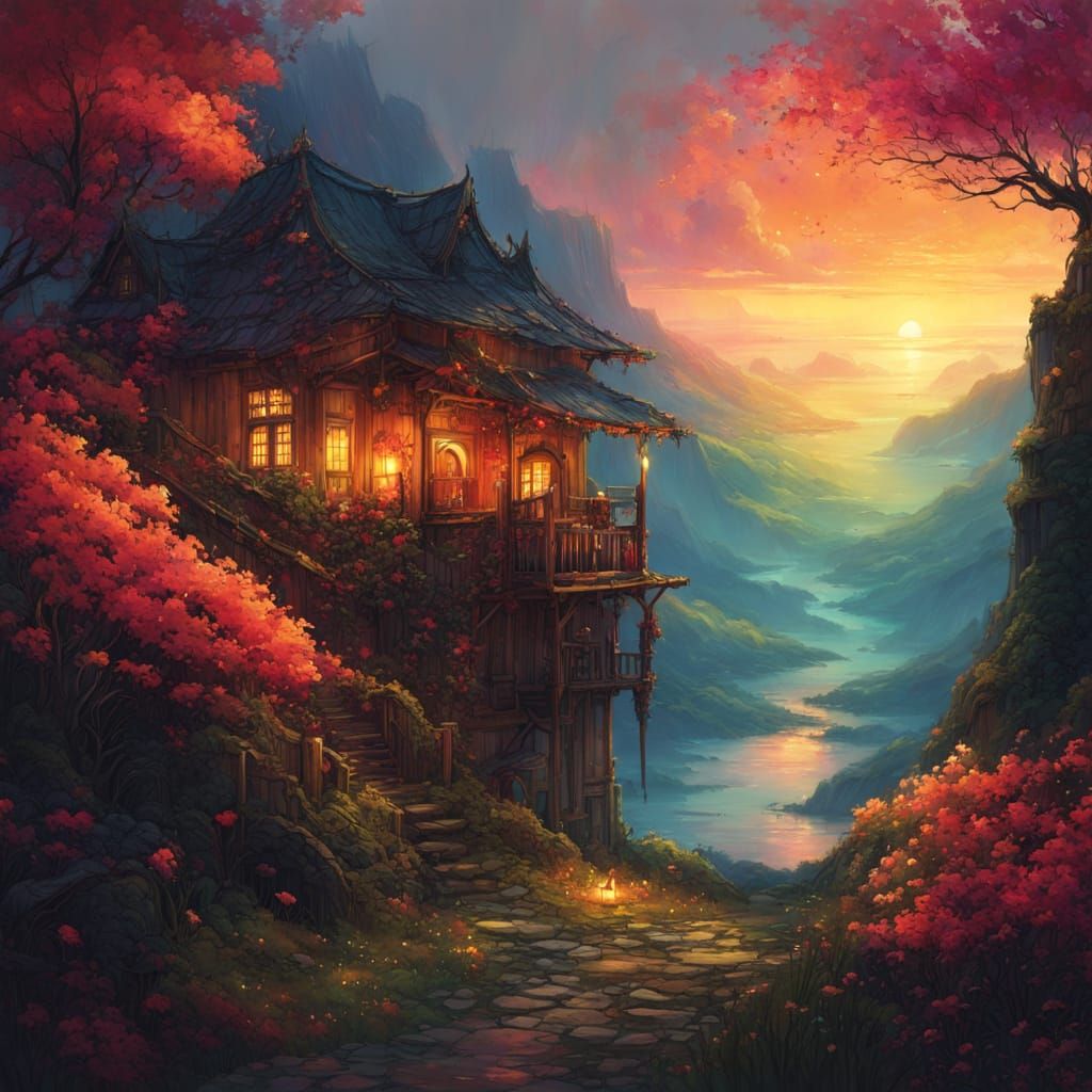 Surreal Sunset Sanctuary in Dreamy Fantasy Style
