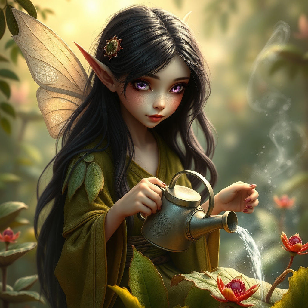 Fairy Watering Carnivorous Plants in Ethereal Light