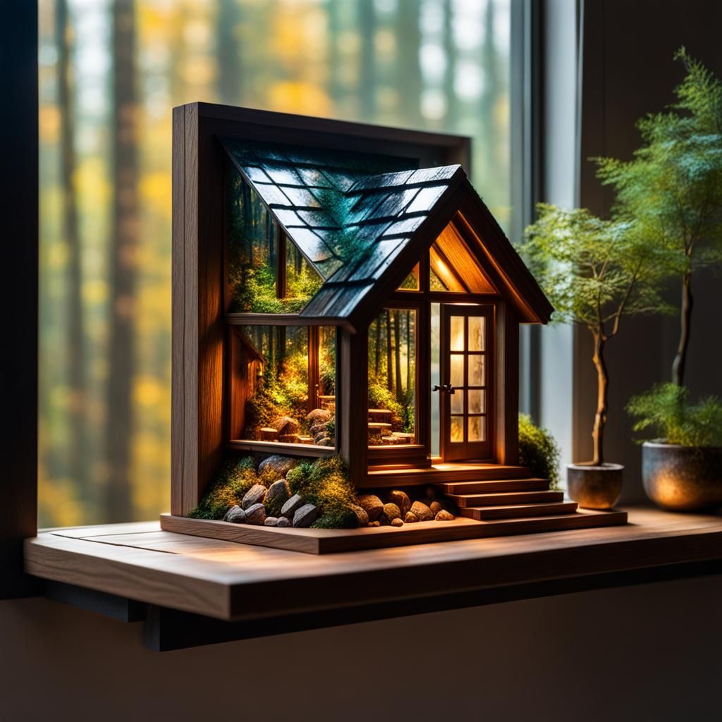 Hyperrealistic Miniature Forest Cabin on Window Shelf
