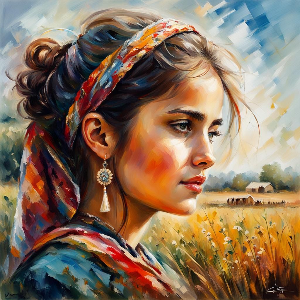 Syrian Girl Portrait in Sunny Field, Neo-Impressionism