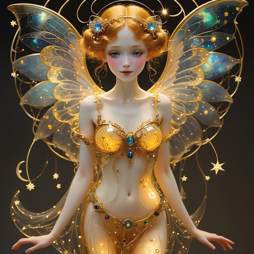 Glowing Fairy Swings on Crescent Moon in Art Nouveau Style