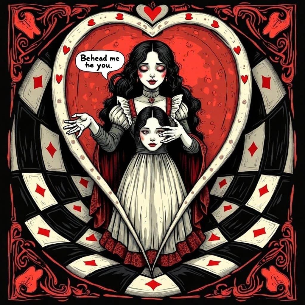 Alice's Revenge: Queen of Hearts Card with Severed Head
