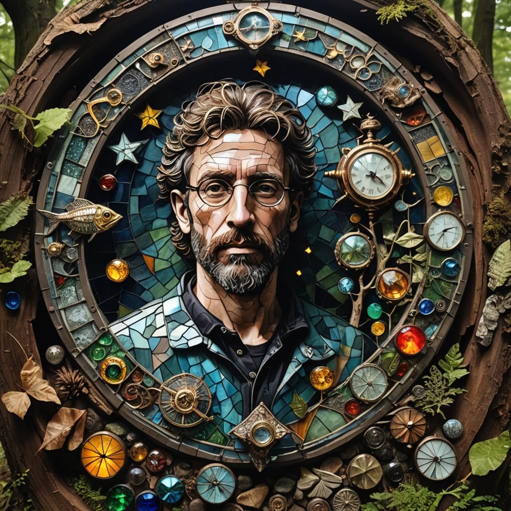 Surreal Stained Glass Car Birdhouse Portrait