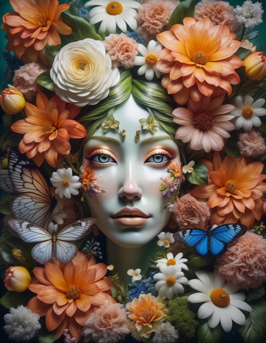 Photorealistic Fairy Face Surrounded by Hyperrealistic Flowe...