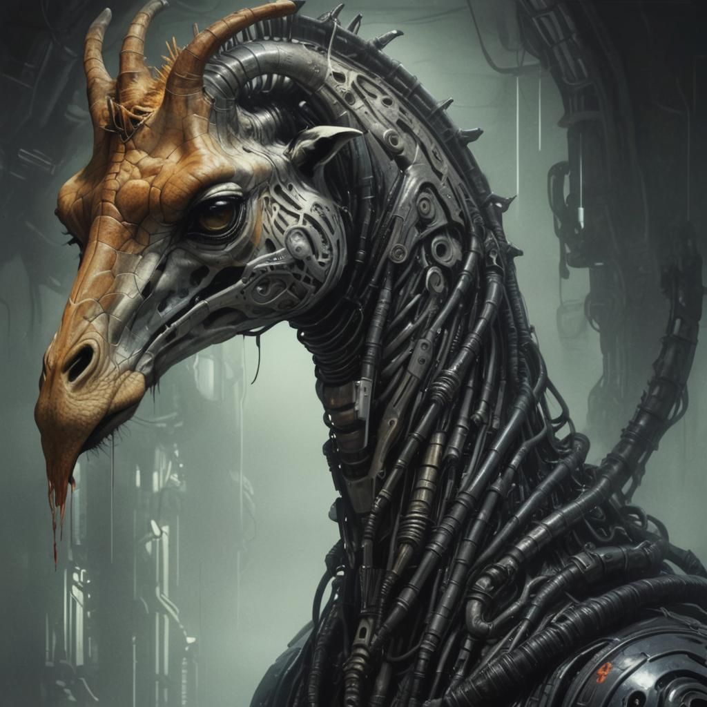 Cyberpunk Giraffe and Biomechanical Monster Fusion