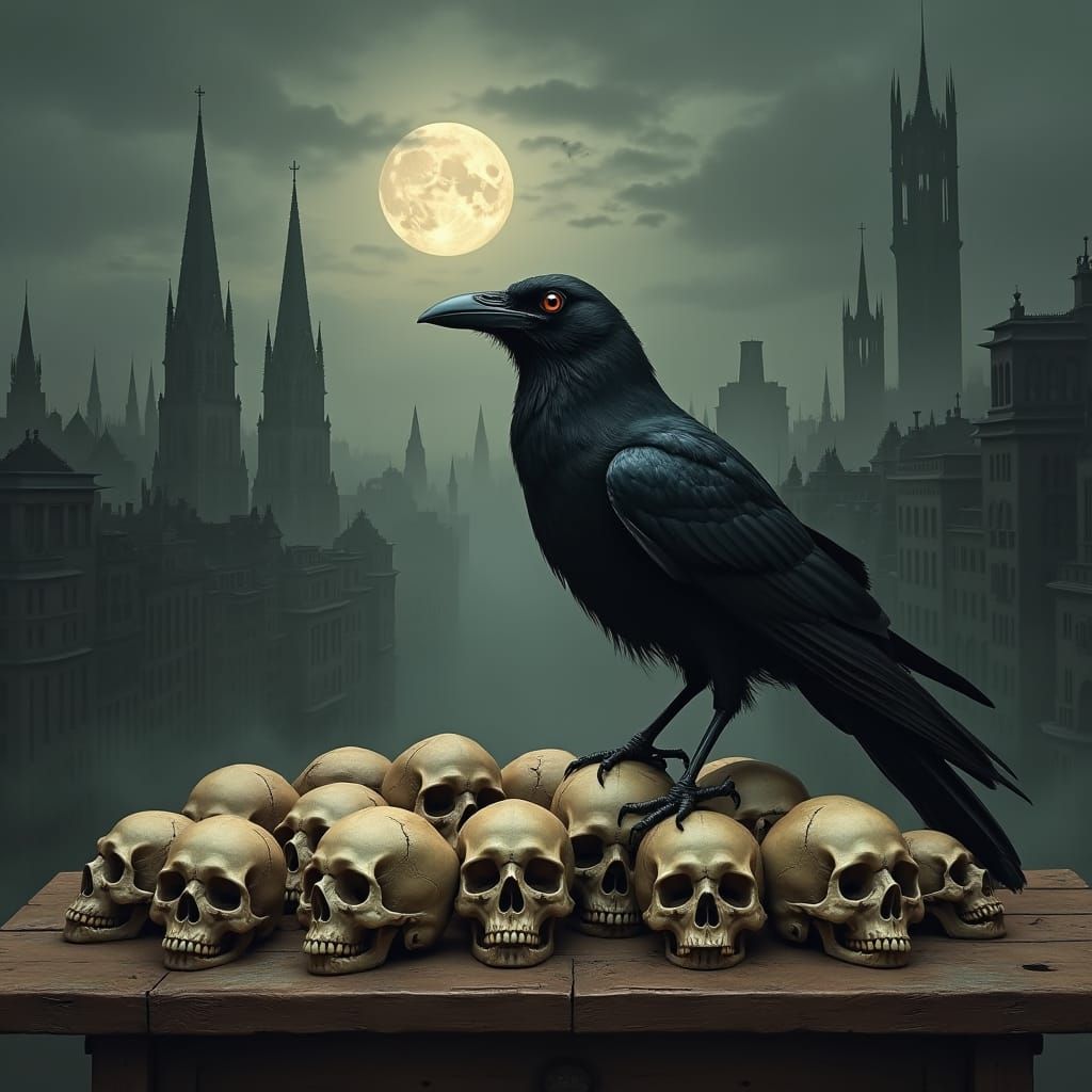 Crow and Skulls in Haunting Surrealist Landscape