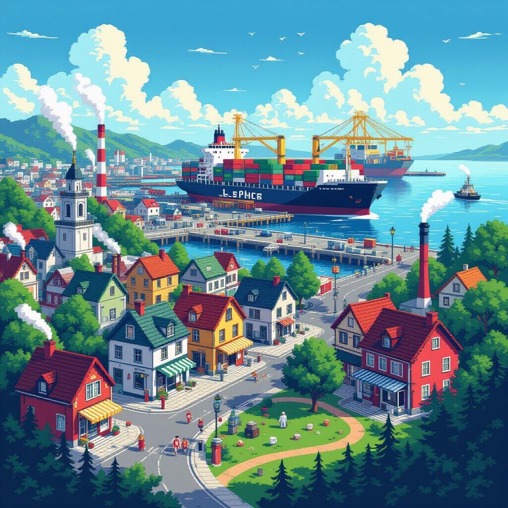 Pixel Art Town with Port, Park, and Factories