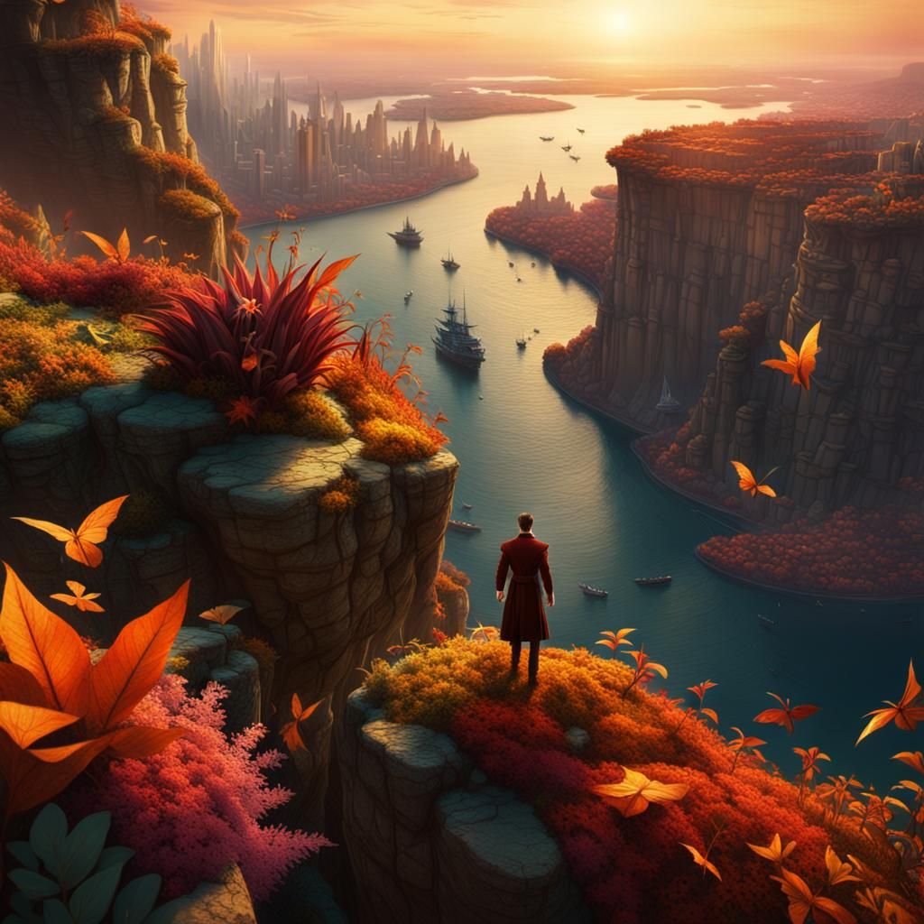 Fairy Tale Hero on Cliffs at Sunset