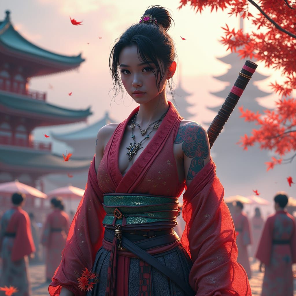 Samurai Shaolin Warrior with Glowing Tattoos in Autumn Kyoto