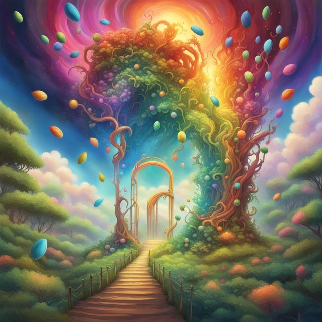 Magical Rainbow Beanstalk Reaching Space Nebula