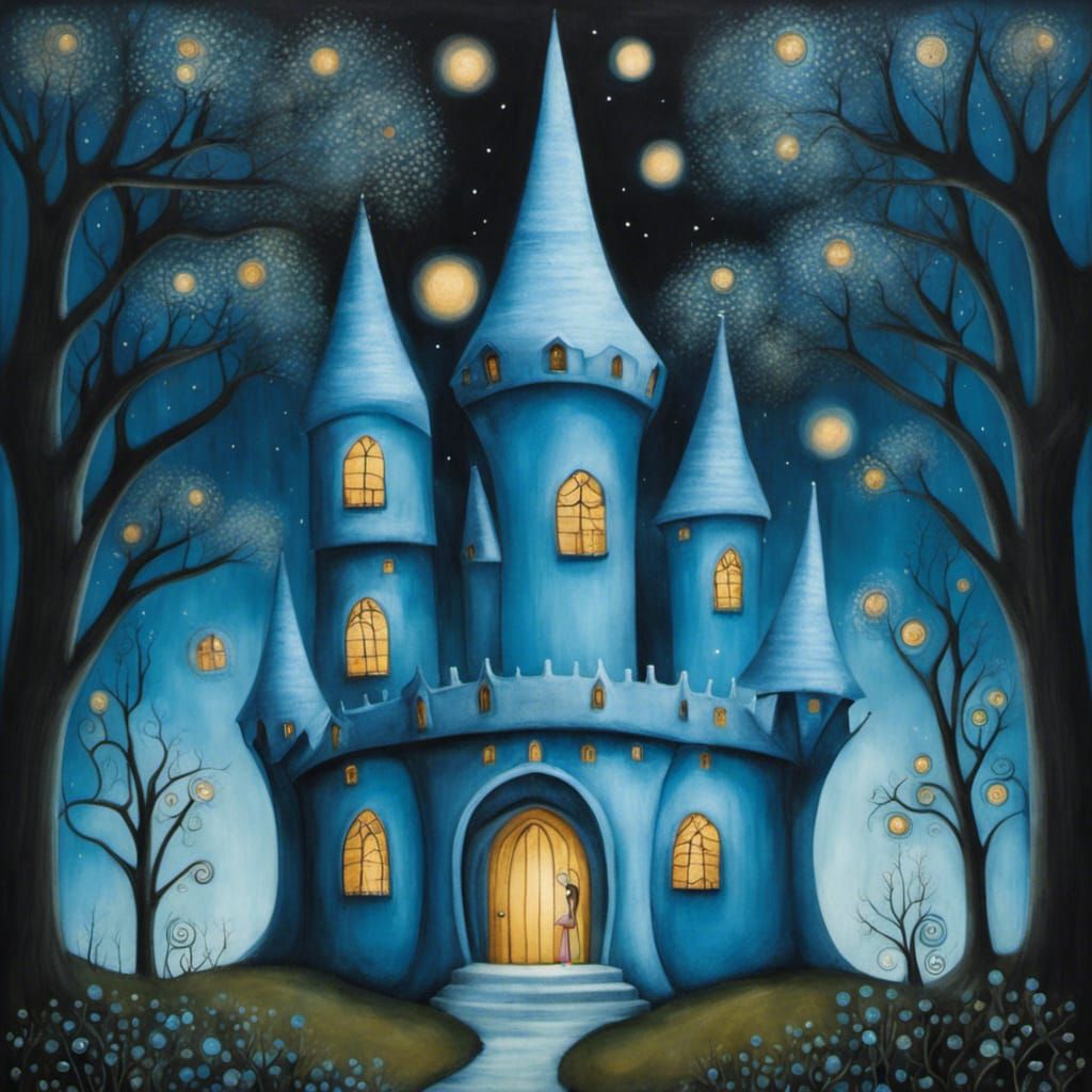 Blue Fairy Castle and Trees in Art Brut Style