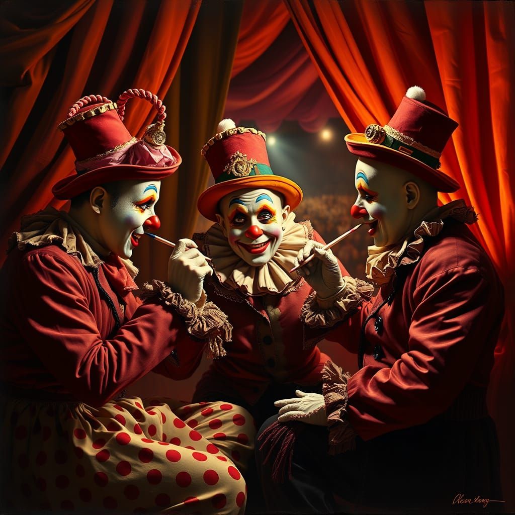 Vintage Clowns Prepare for Show, Oil Painting Style