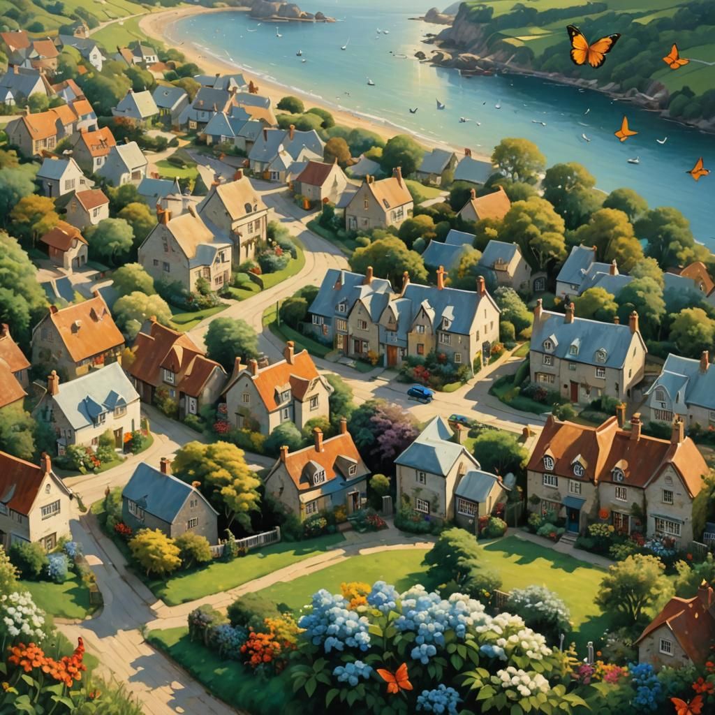 Vintage Oil Painting of English Seaside Village