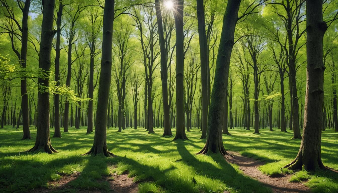 Lush Green Forest in Spring Sunlight