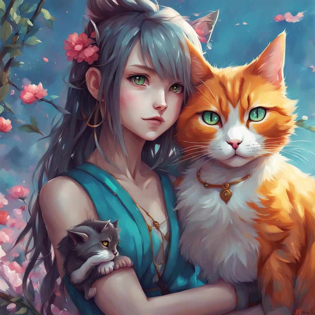 Anime Girl with Cat: Vibrant Fantasy Art