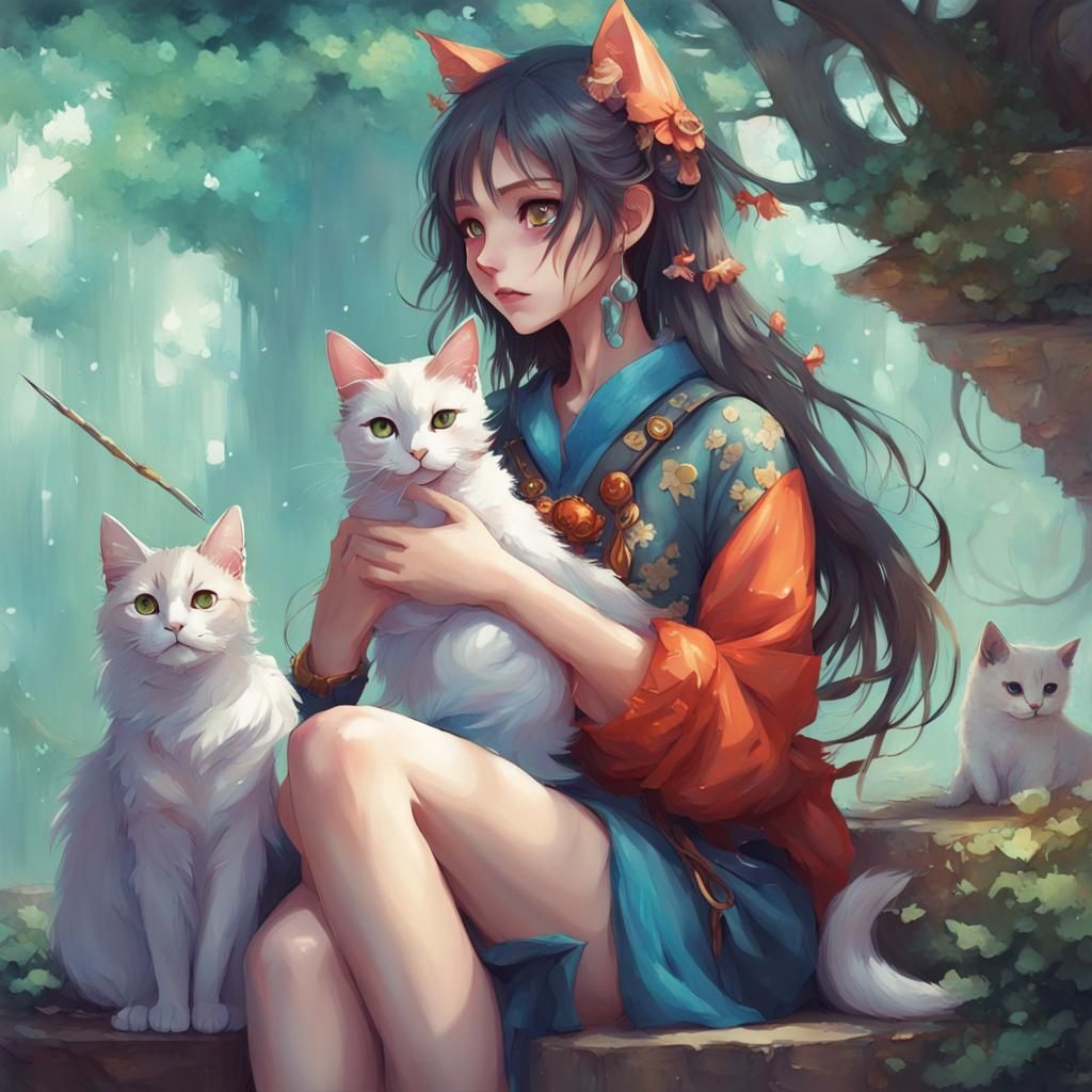 Anime Girl with Cat: Fantasy Art