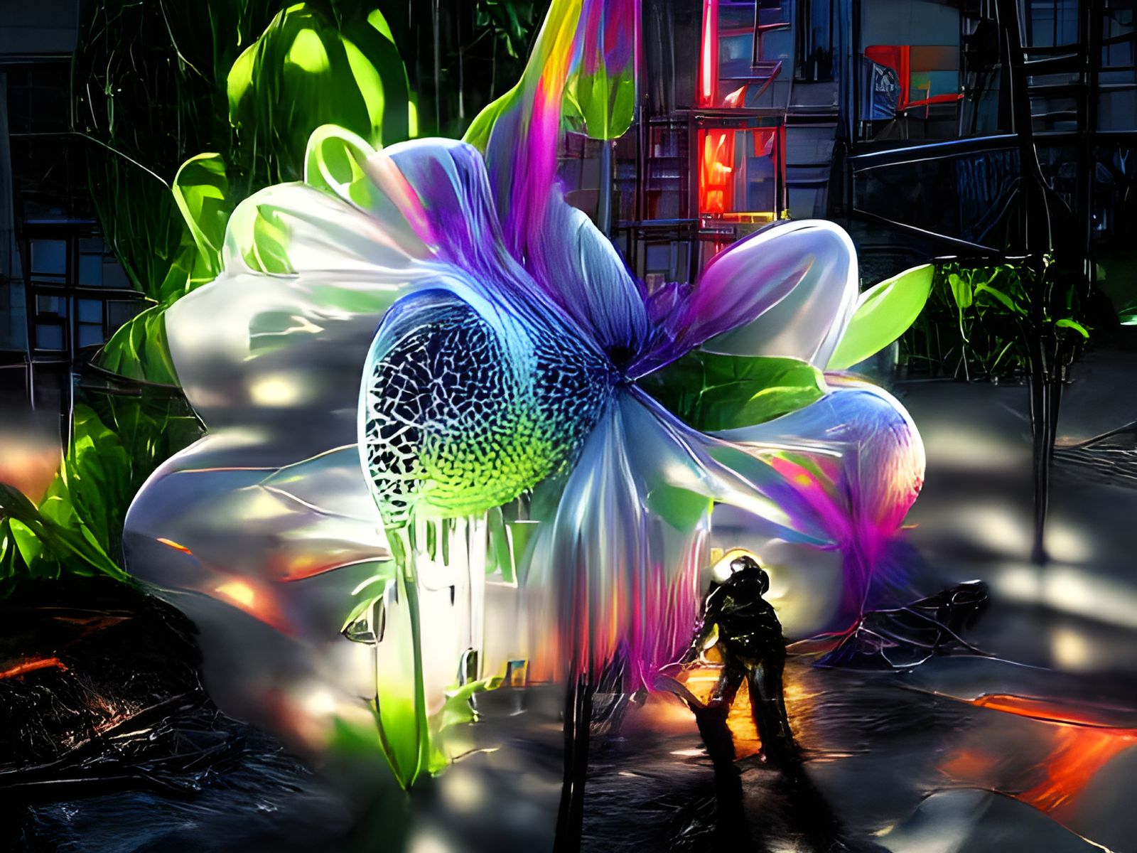 Eerie Neon Flower, Stipple Art Style