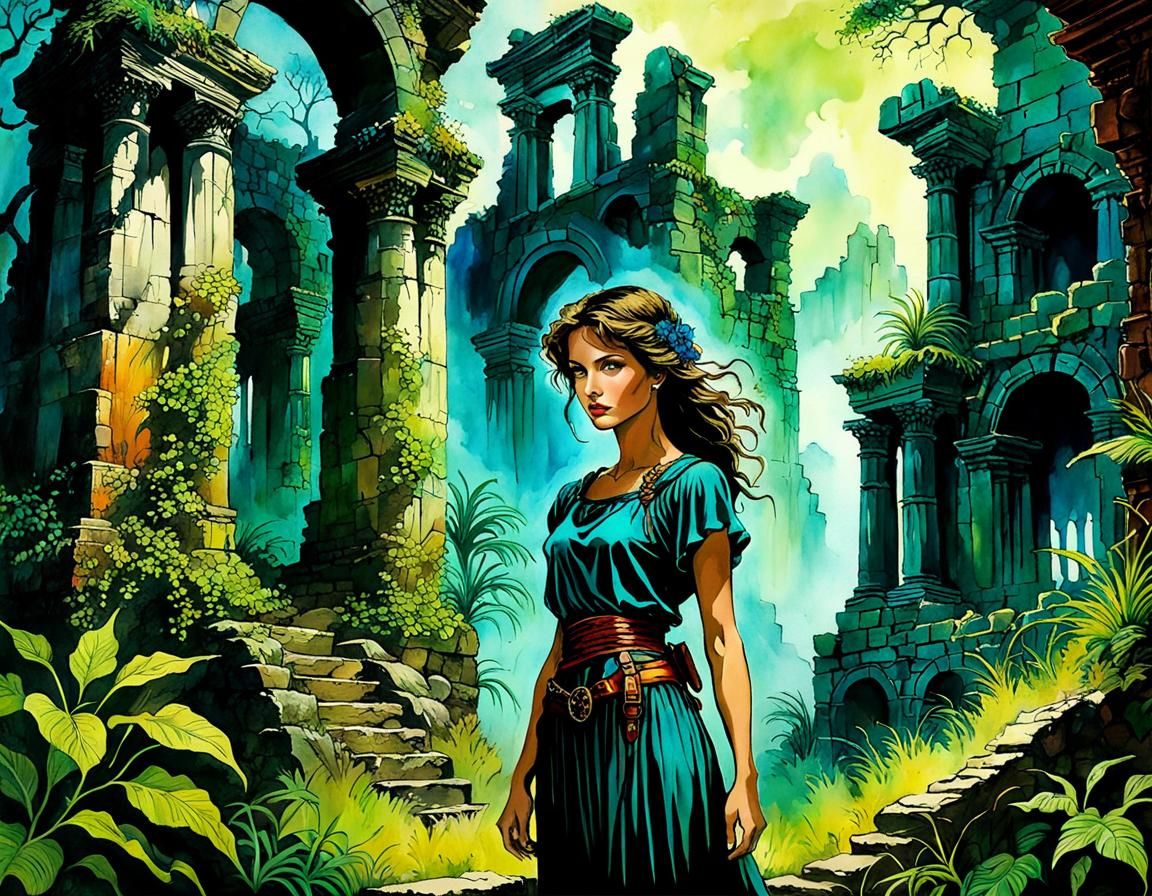 Sinister Traveler in Ancient Ruins: Cell Shaded Alcohol Ink