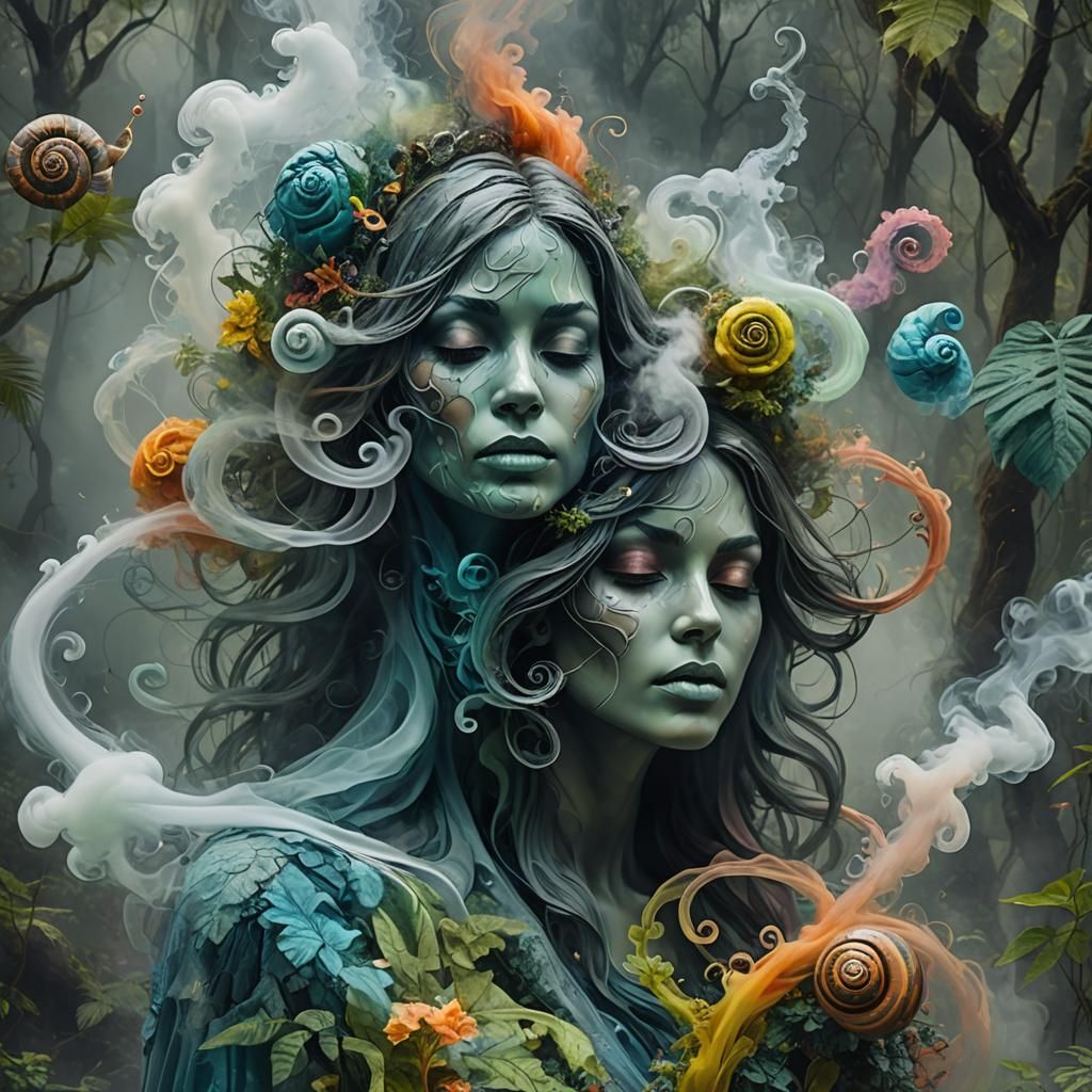 Ethereal Earth Spirit in Smoky Rainforest: 3D Render