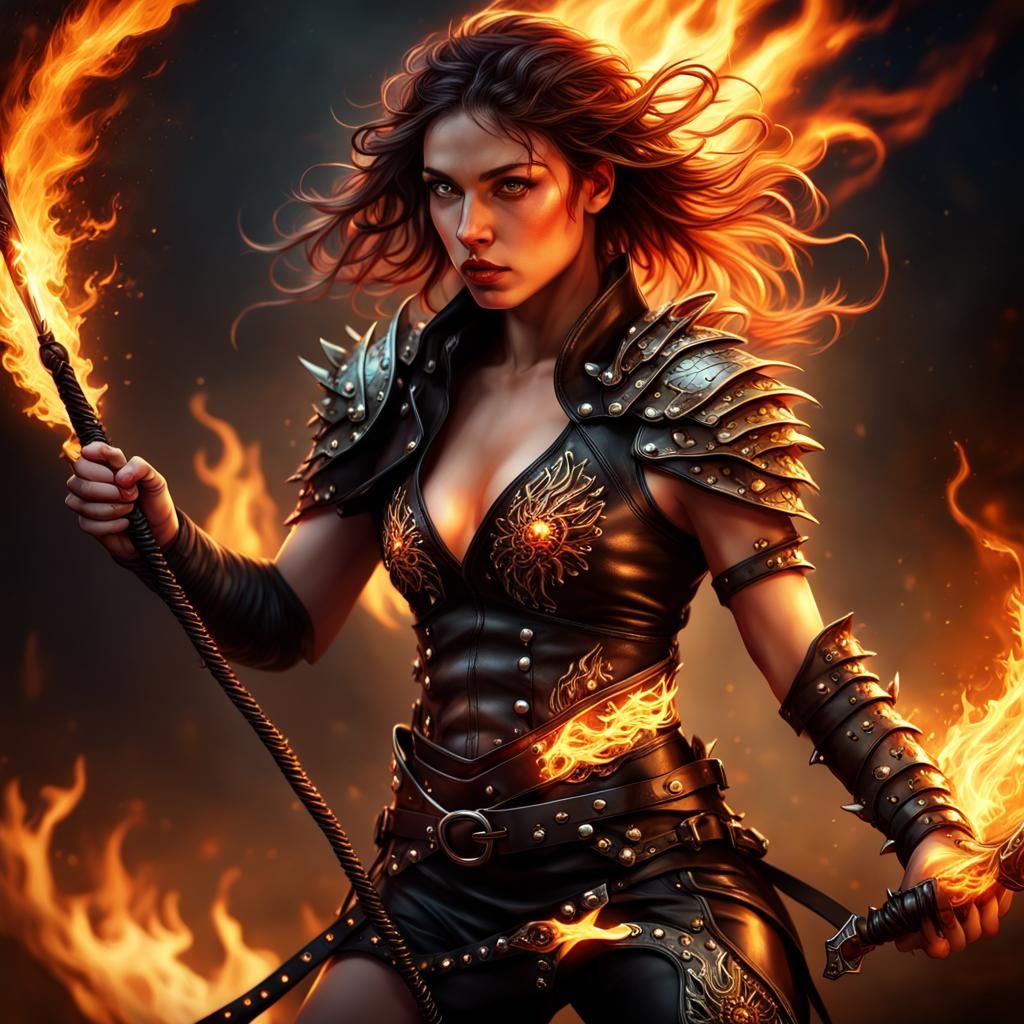 Epic Female Warrior with Flaming Whip in Dark Fantasy Settin...