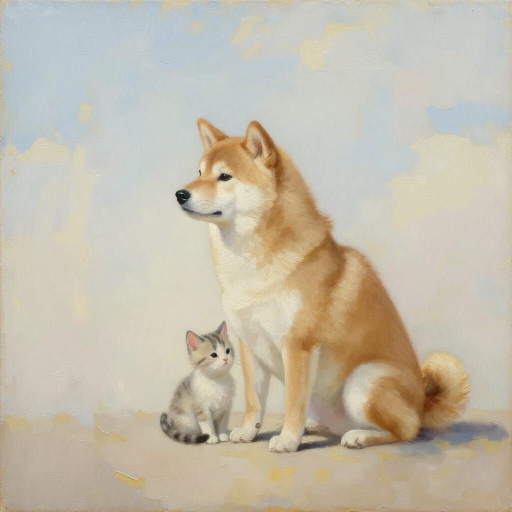 Shiba Inu and Kitten in Luminous Oil Painting Style